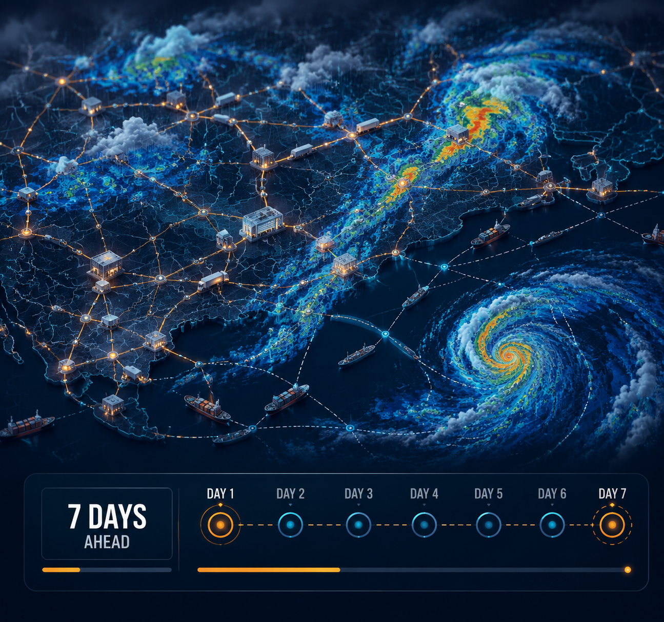 Logistics network map with shipping routes under heavy rain radar and a 7 days ahead warning indicator