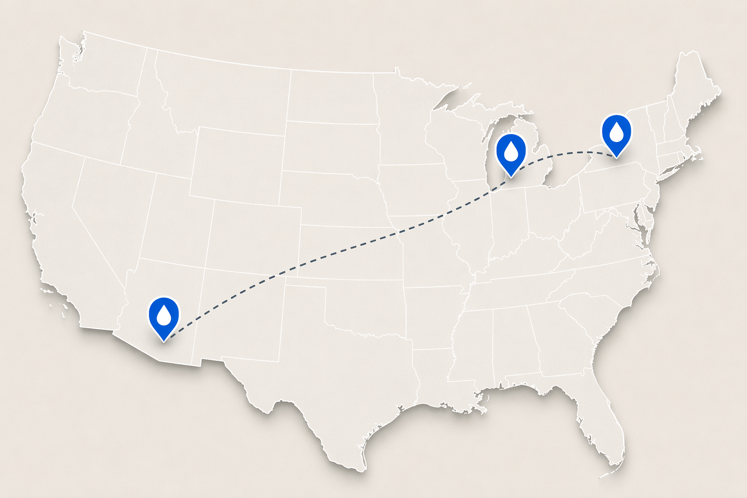 Map showing Coopersville, Michigan; Goodyear, Arizona; and Webster, New York as the three Fairlife production sites affected by the halt