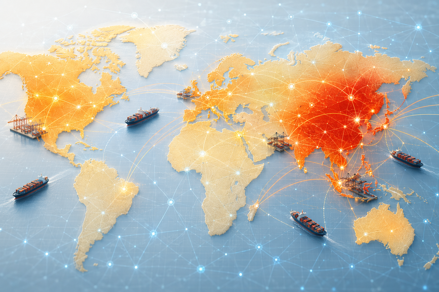 World map showing heat intensity concentrated over major supply chain regions with AI monitoring overlays