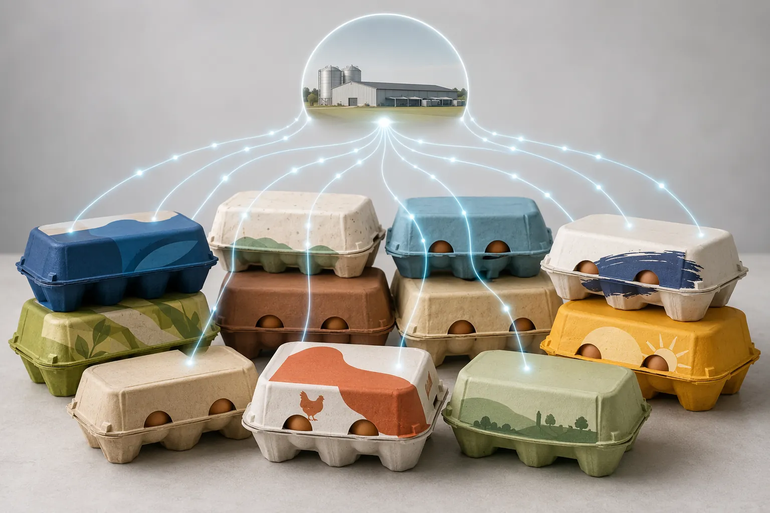 Multiple egg carton brands connected by digital traceability lines to one production facility