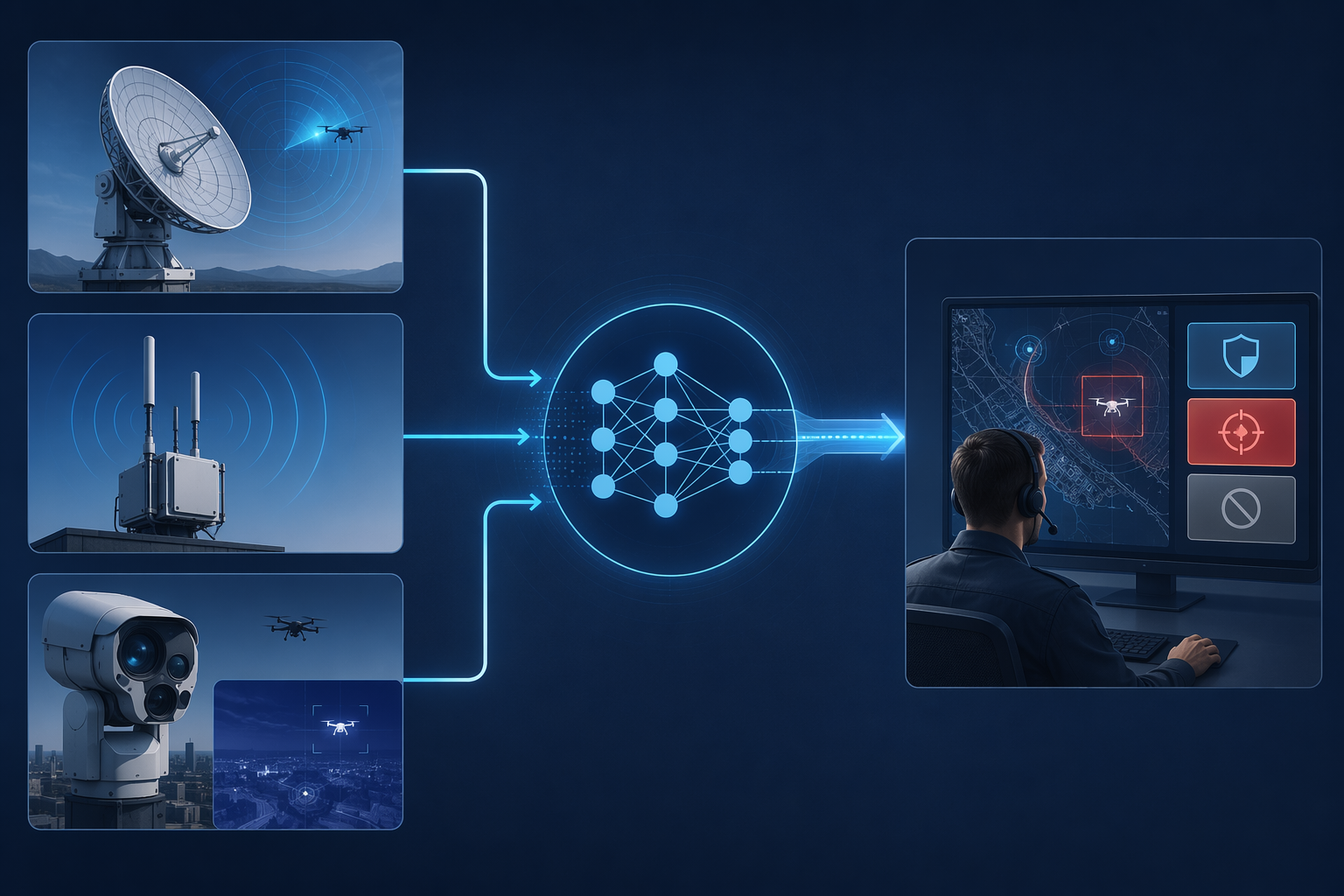 Diagram of radar, RF antenna, and camera feeds flowing into a machine learning node with a human operator making the decision