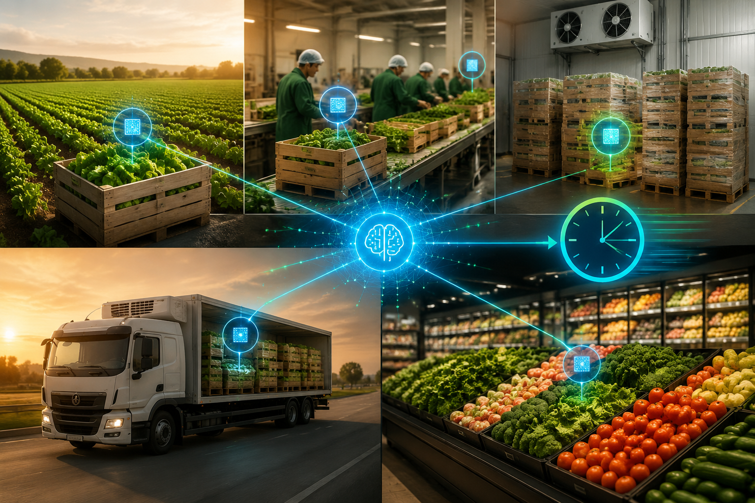 Produce supply chain with digital tag markers and data lines connecting farm, packing facility, cold storage, truck, and supermarket