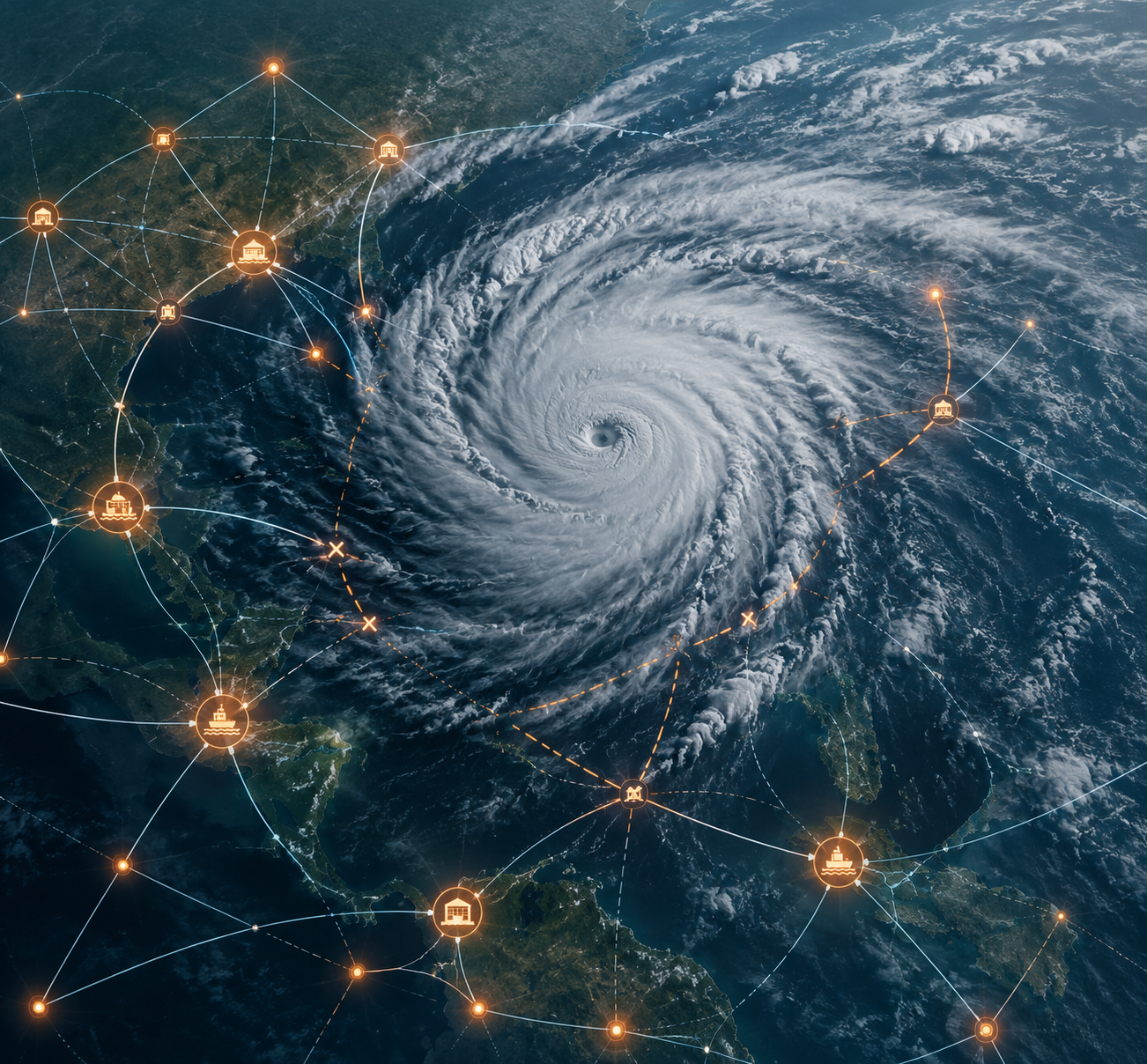 Conceptual tropical storm disrupting ports, warehouses, distribution centers, and logistics flow lines