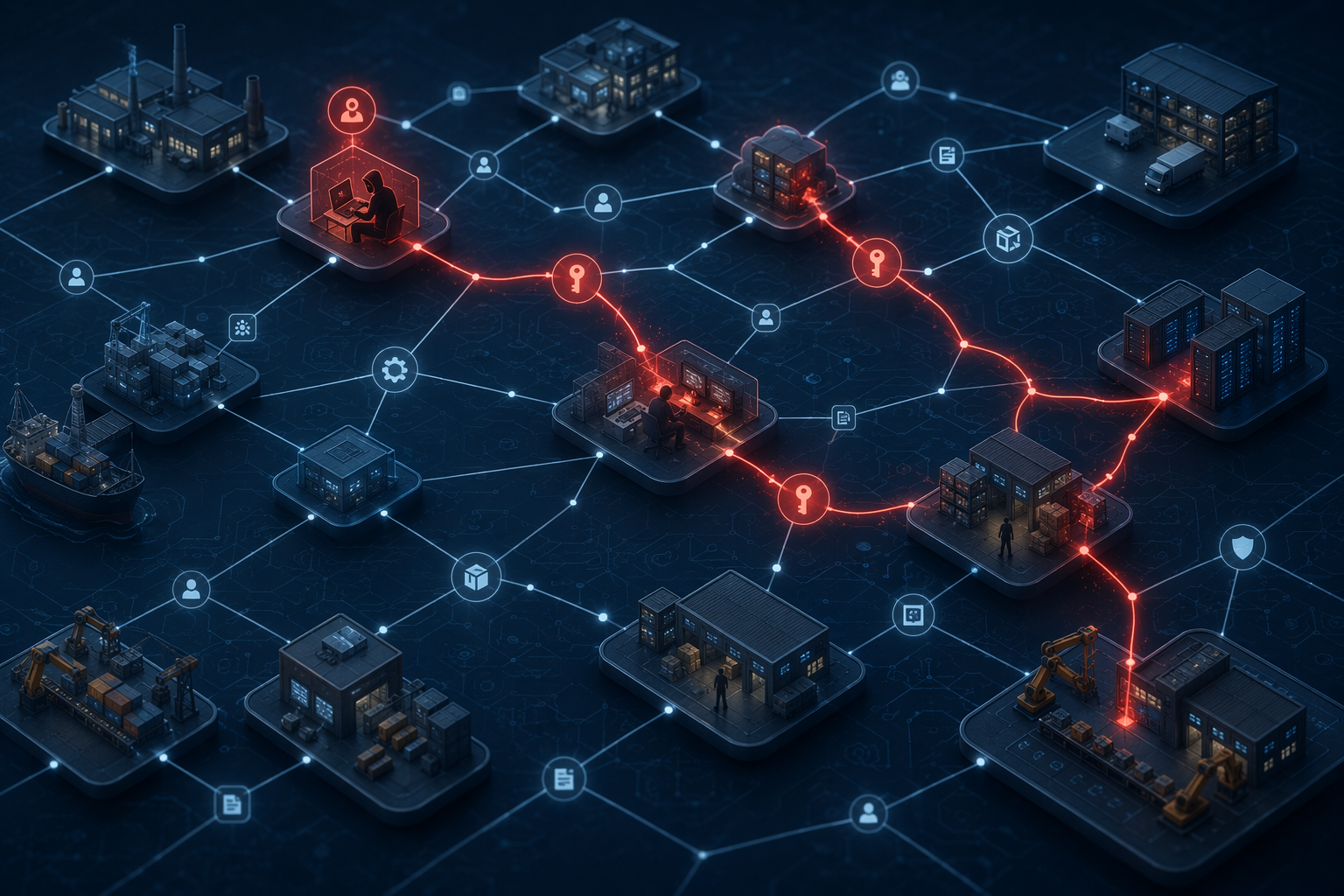 Interconnected factories, warehouses, and data centers with a threat path emerging from a trusted vendor node