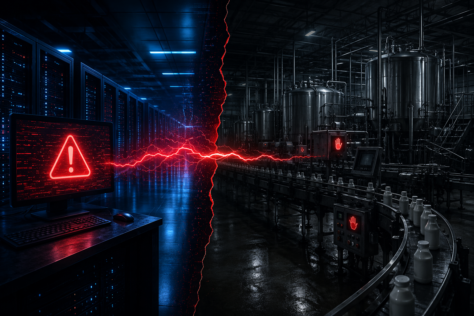 Illustration of a cyber incident moving from digital systems into a stopped dairy production line