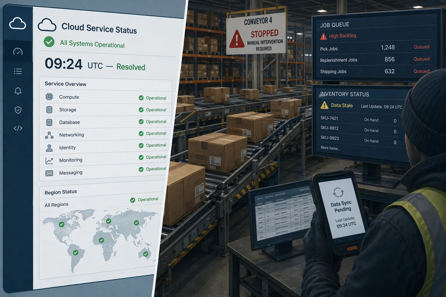 Green cloud status dashboard contrasted with a warehouse stalled by pending data sync and queued jobs