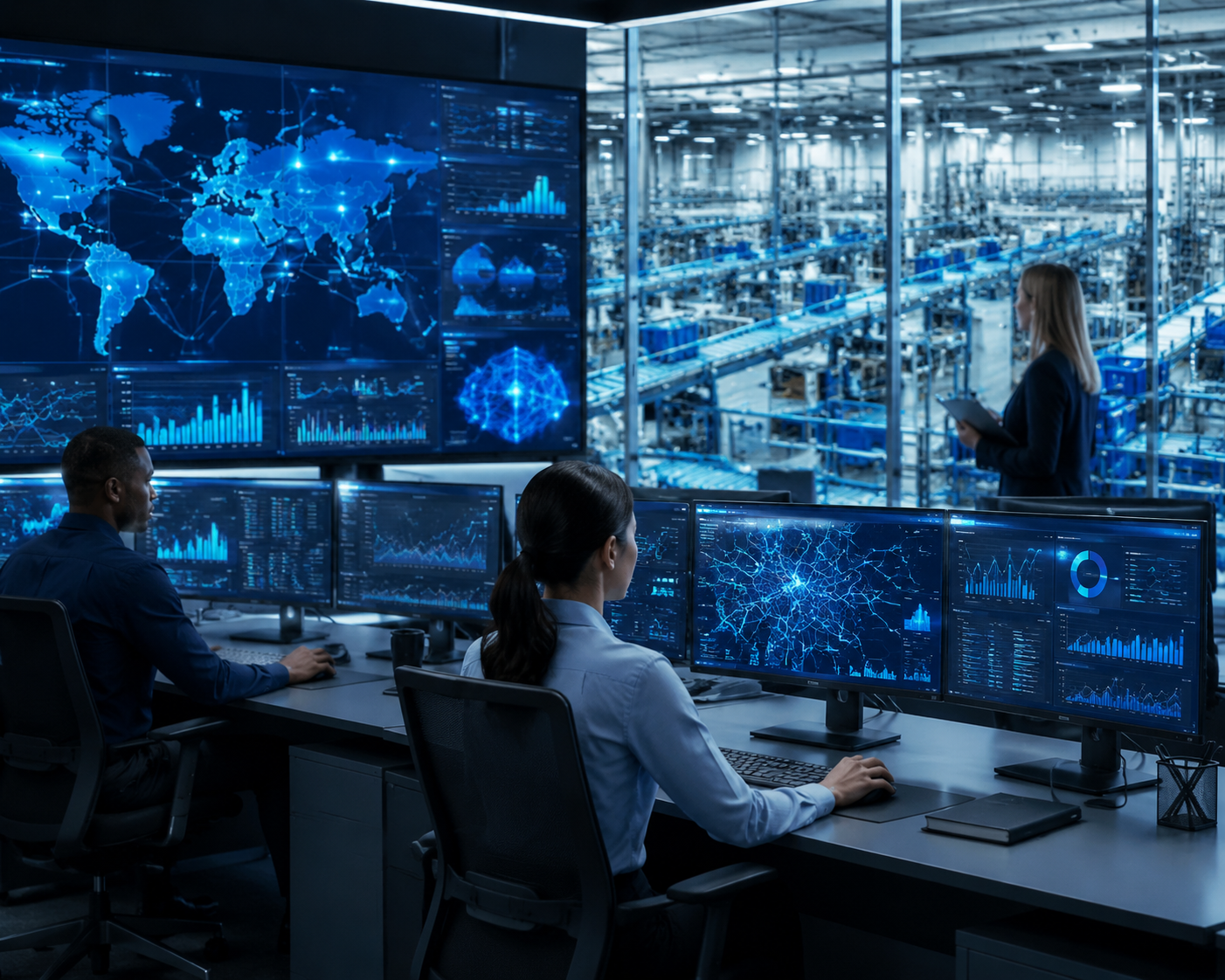 Warehouse control room showing network maps and supply chain analytics dashboards