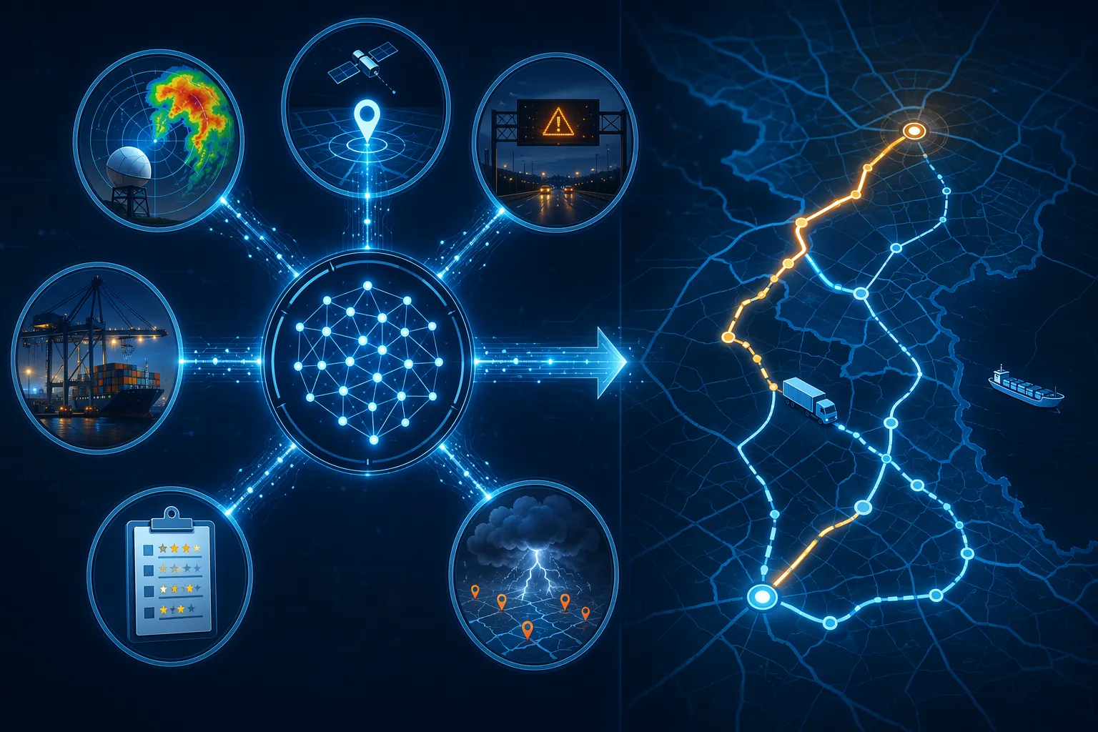 Diagram of weather, GPS, highway, port, carrier, and storm-impact data feeding an AI routing hub