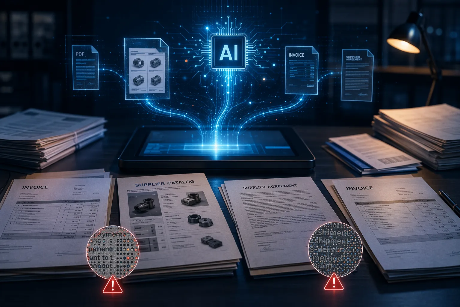 Invoices, supplier catalogs, and PDFs being scanned into an AI processor with subtle embedded anomalies in the documents