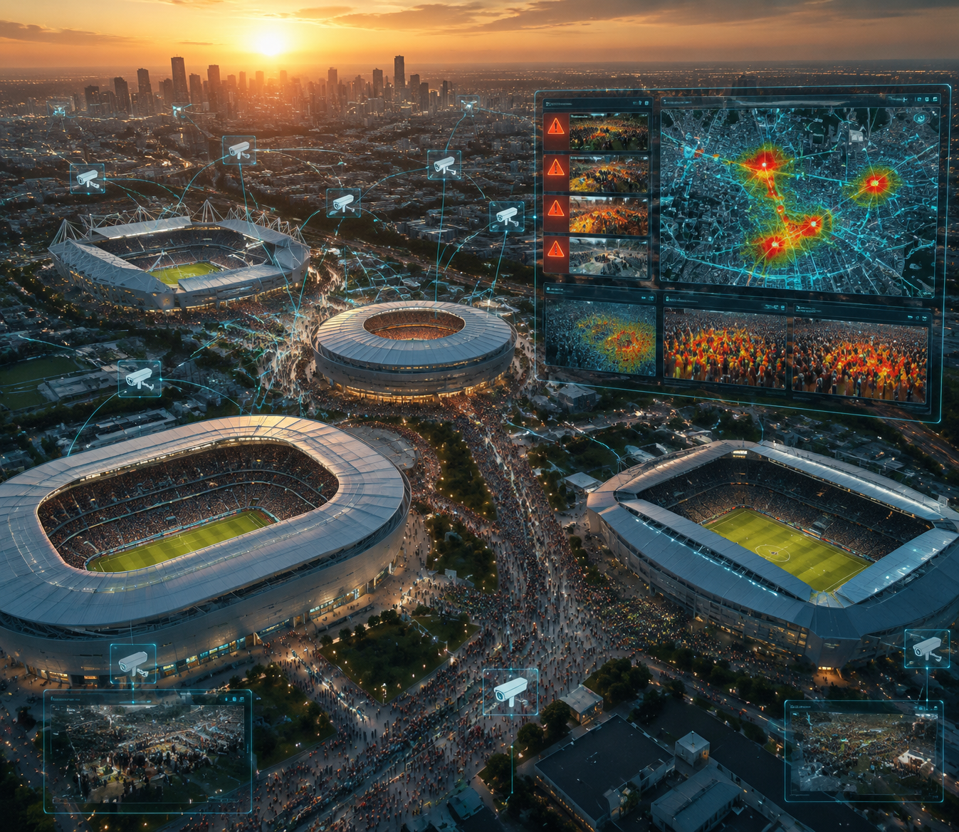 Aerial illustration of multiple stadium venues with crowd-density heatmaps, camera grids, and prioritized AI security alerts across a cityscape