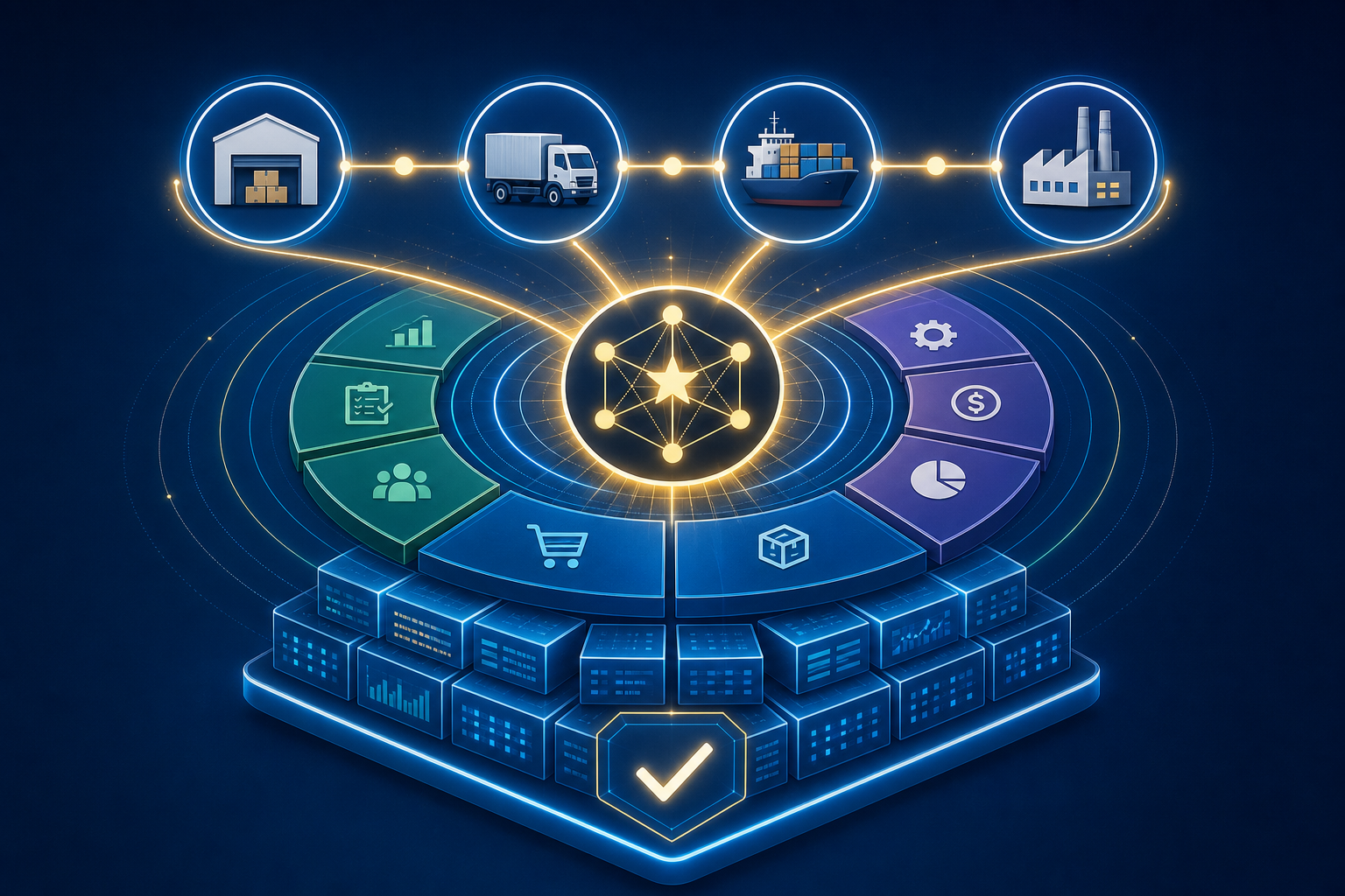 Illustration showing what top supply chain AI leaders do differently: end-to-end integration, broad organizational impact, and a data quality foundation.