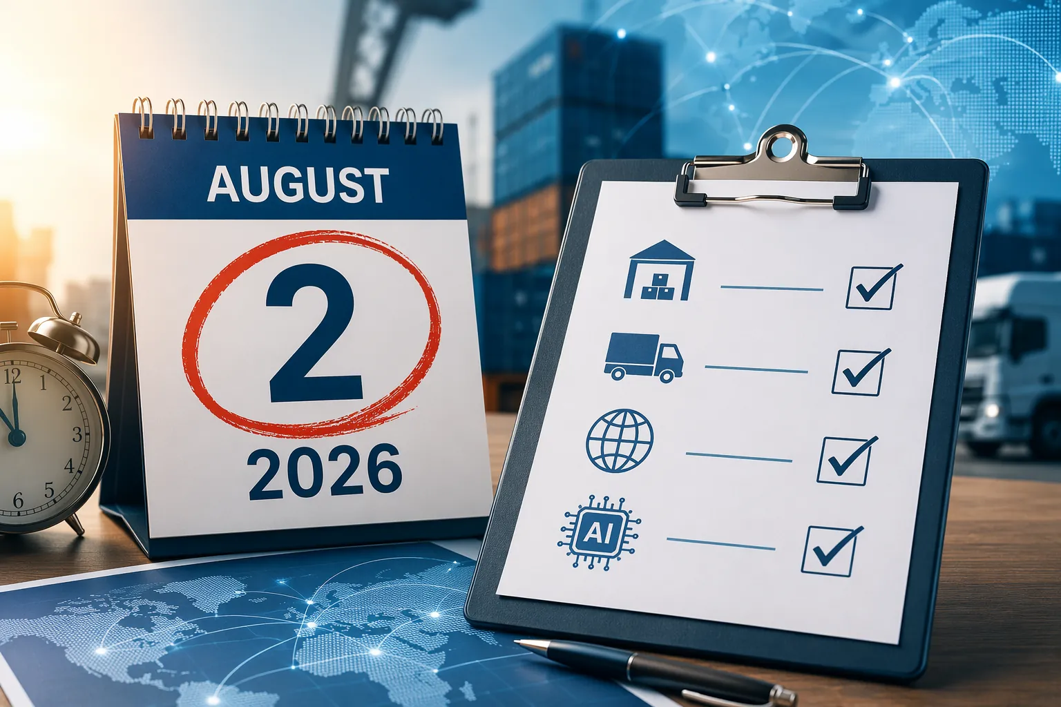 Calendar marked August 2, 2026 with a compliance verification checklist and supply chain planning icons