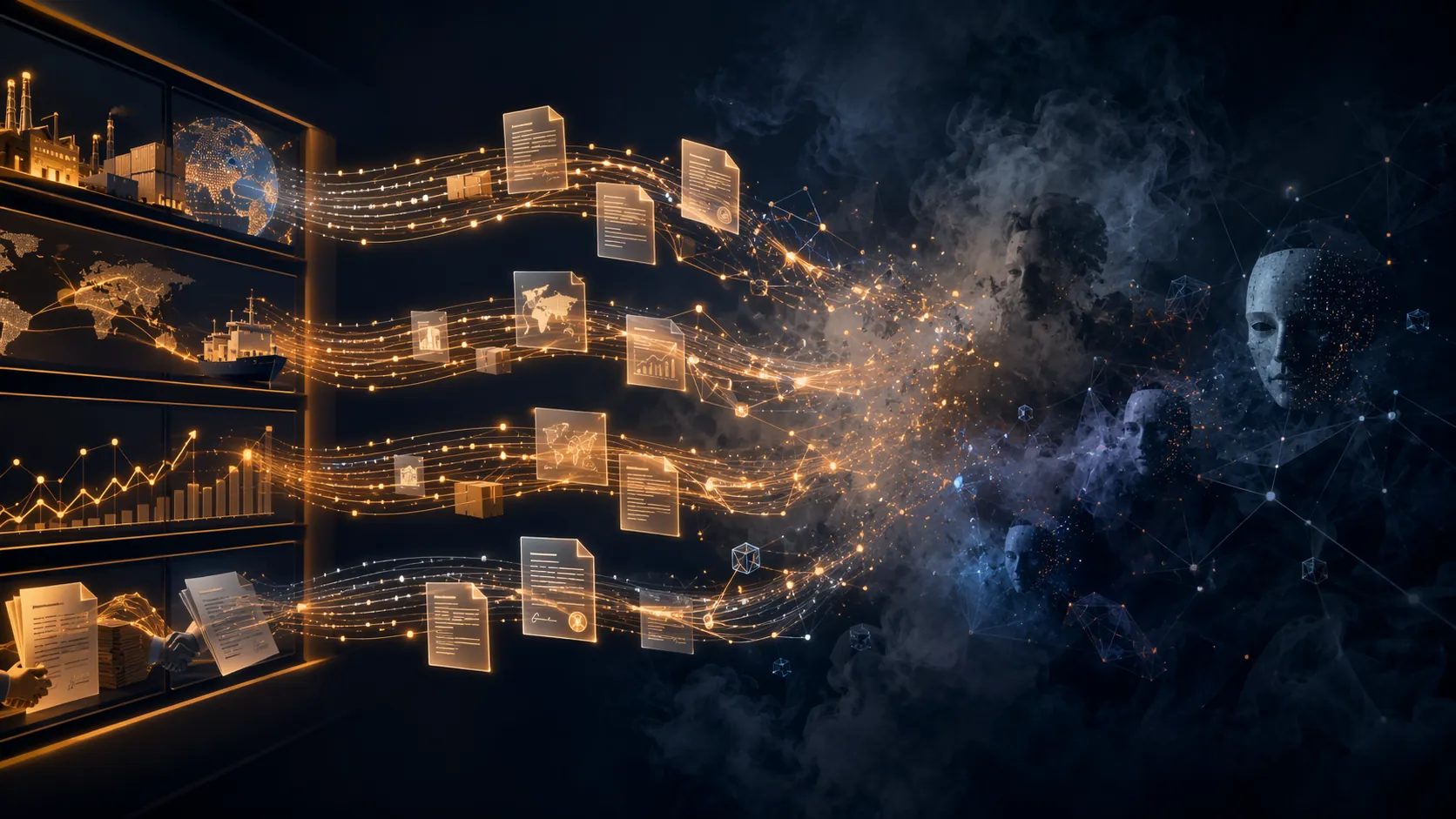 Digital supply chain data streams flowing from an organized zone into a shadowy digital space