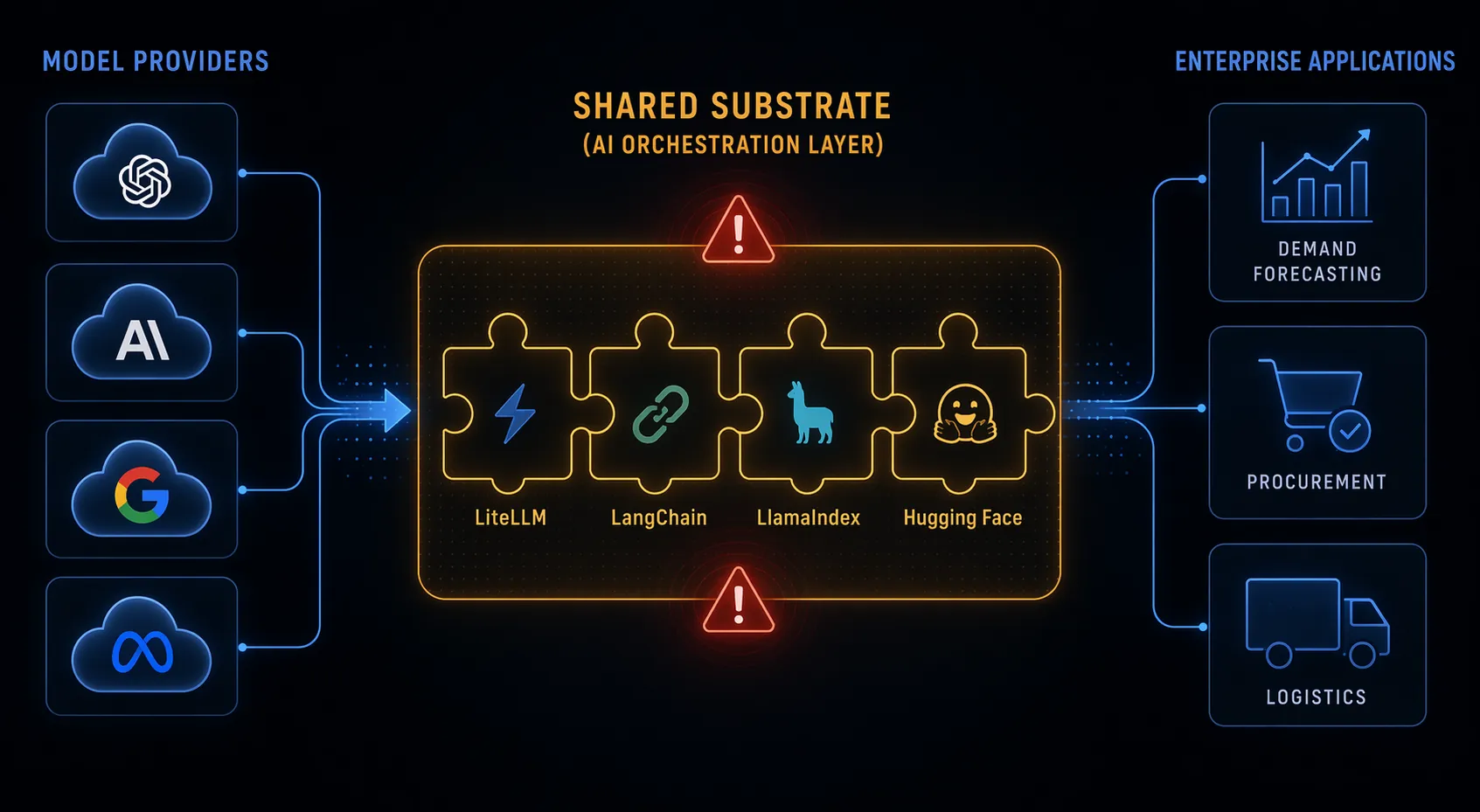 AI dependency architecture with model providers, middleware frameworks, and enterprise supply chain planning applications connected through a shared orchestration layer