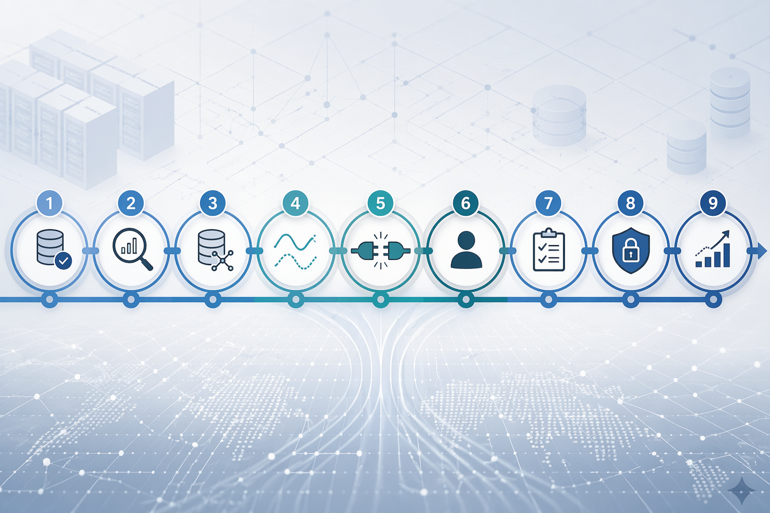A nine-node roadmap showing sequential readiness checkpoints for data quality, integration, and ownership