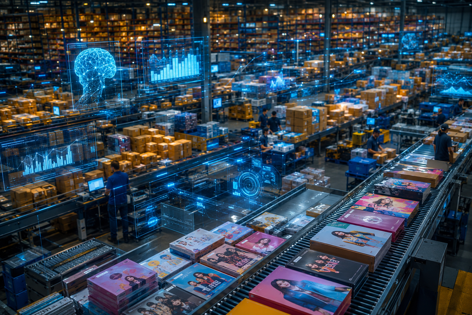 Fulfillment center with K-pop album packages and AI analytics overlays