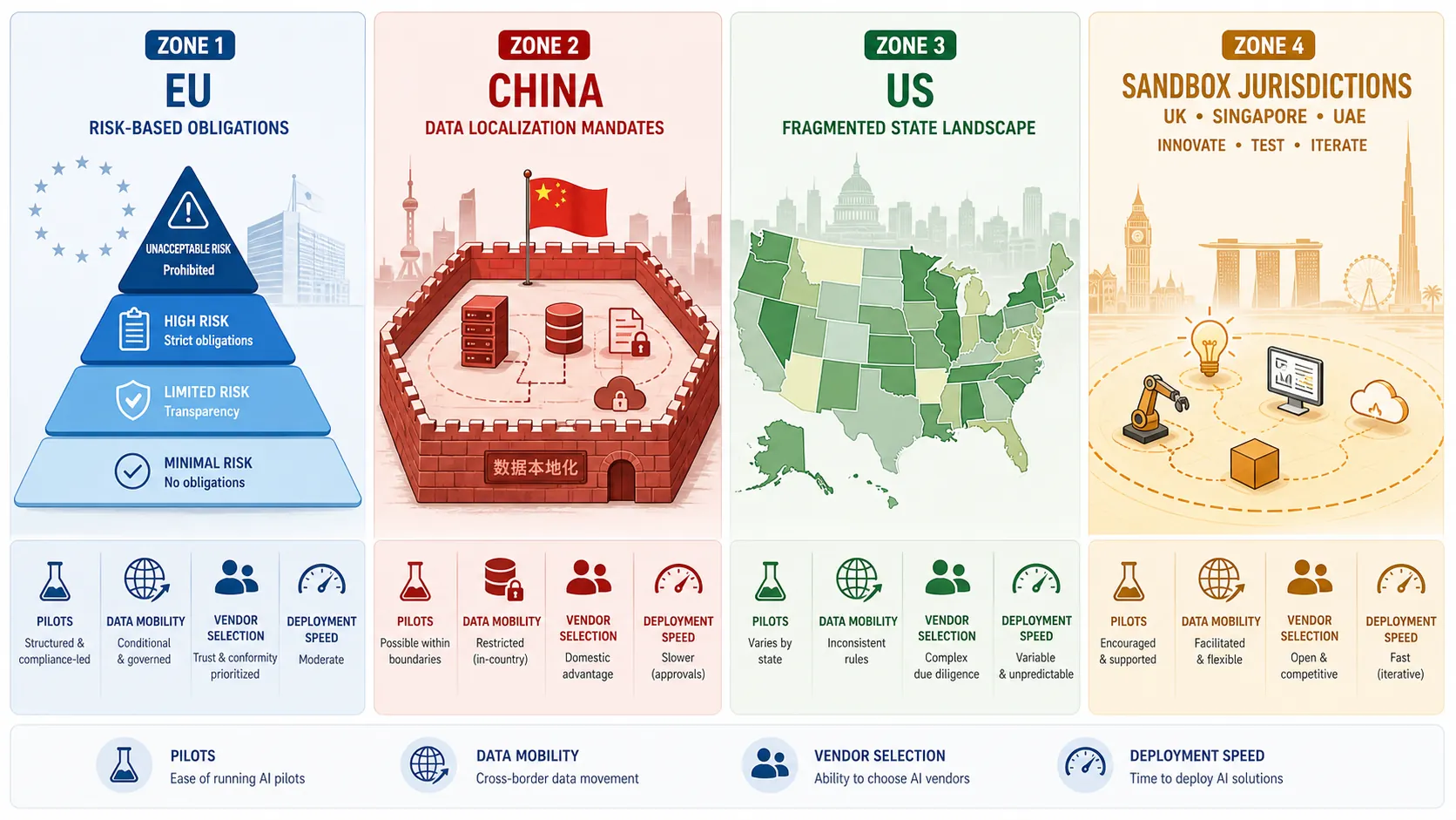 Comparison of EU, China, US, and sandbox AI regulatory regimes for supply chain operations