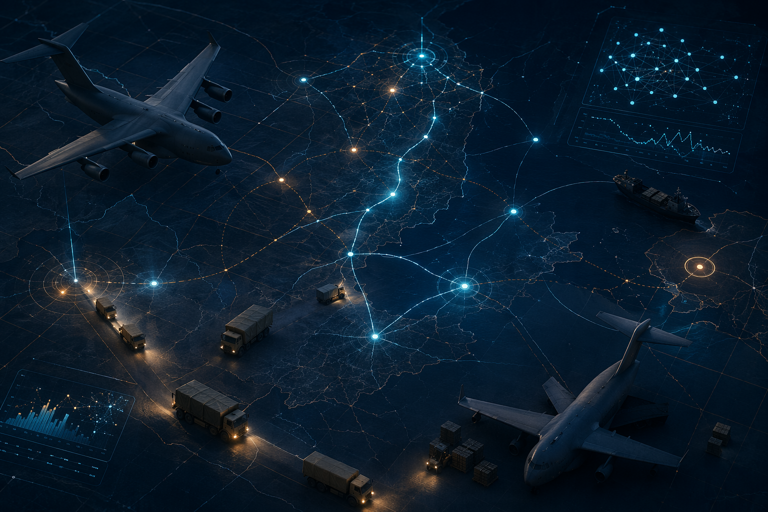 Military supply chain network map with glowing route lines, data nodes, aircraft, and ground vehicles