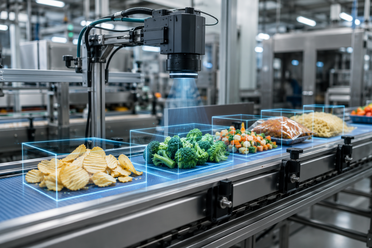 Food conveyor under an industrial AI camera with blue scan overlays