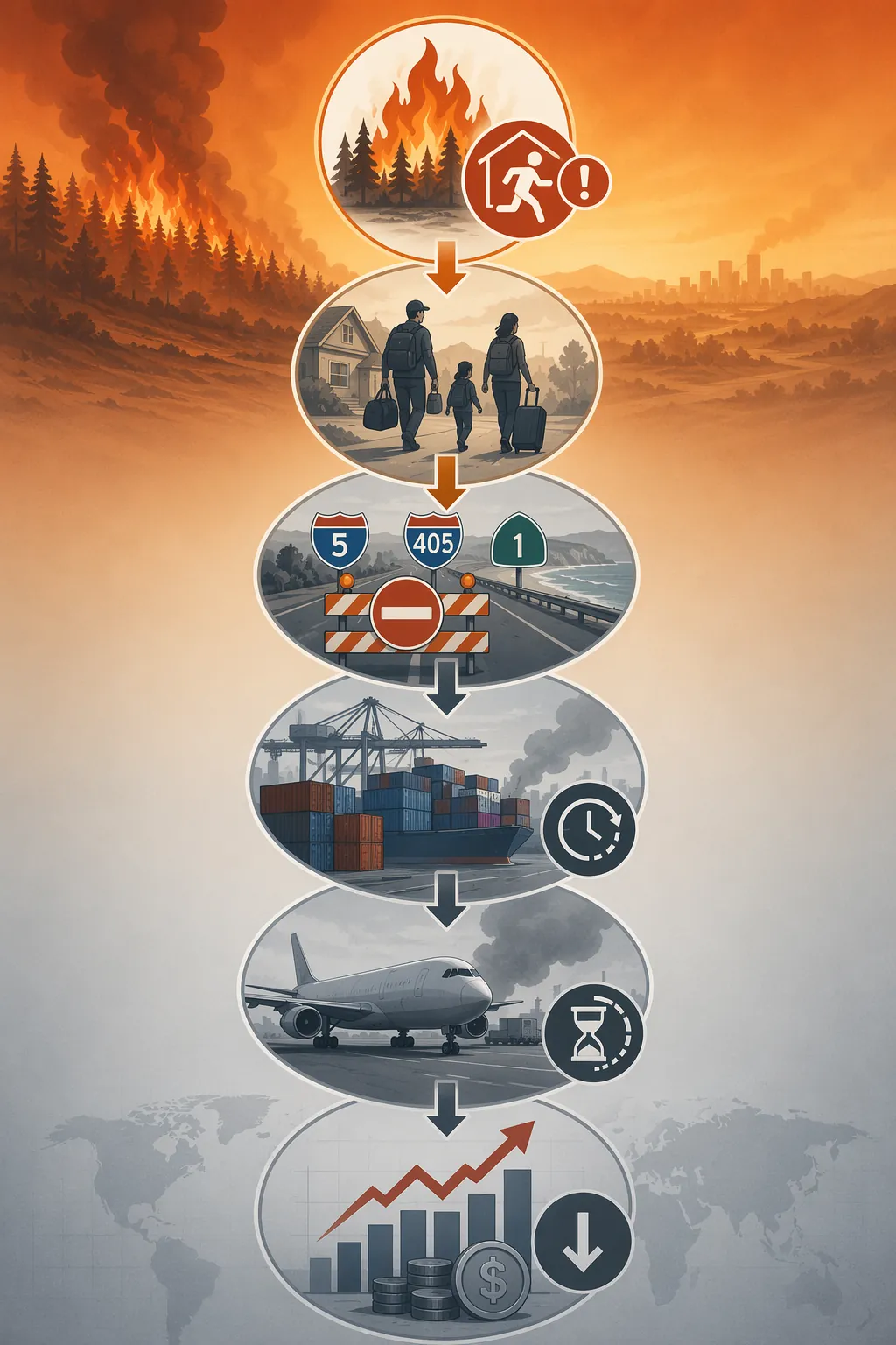 Flow diagram showing wildfire evacuation orders cascading into worker displacement, road closures, port congestion, air cargo disruption, and cost impact