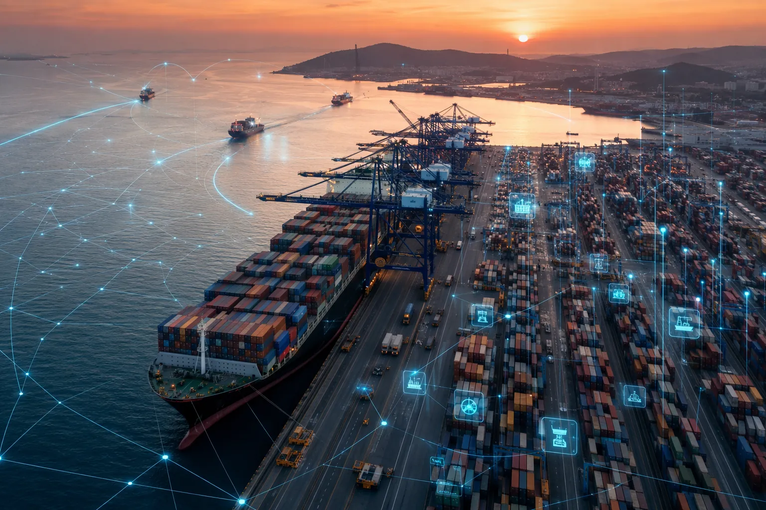 Aerial container port with digital data network lines and ocean route traces