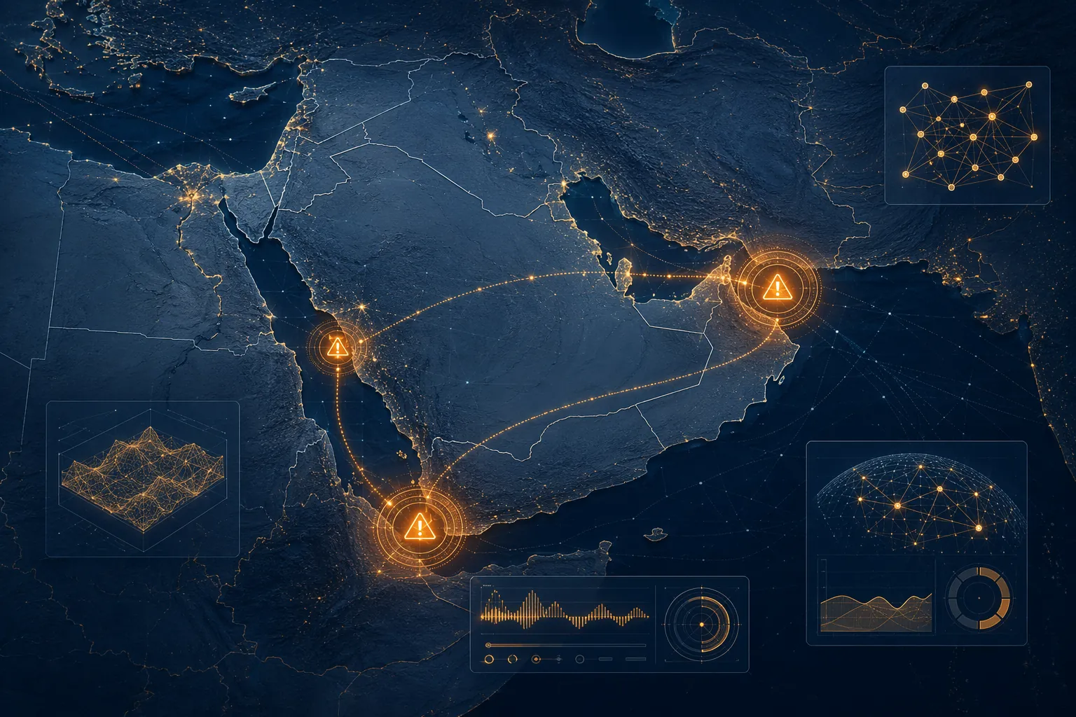 Stylized map of the Arabian Peninsula showing Hormuz, Bab el-Mandeb, Yanbu, and AI disruption monitoring signals