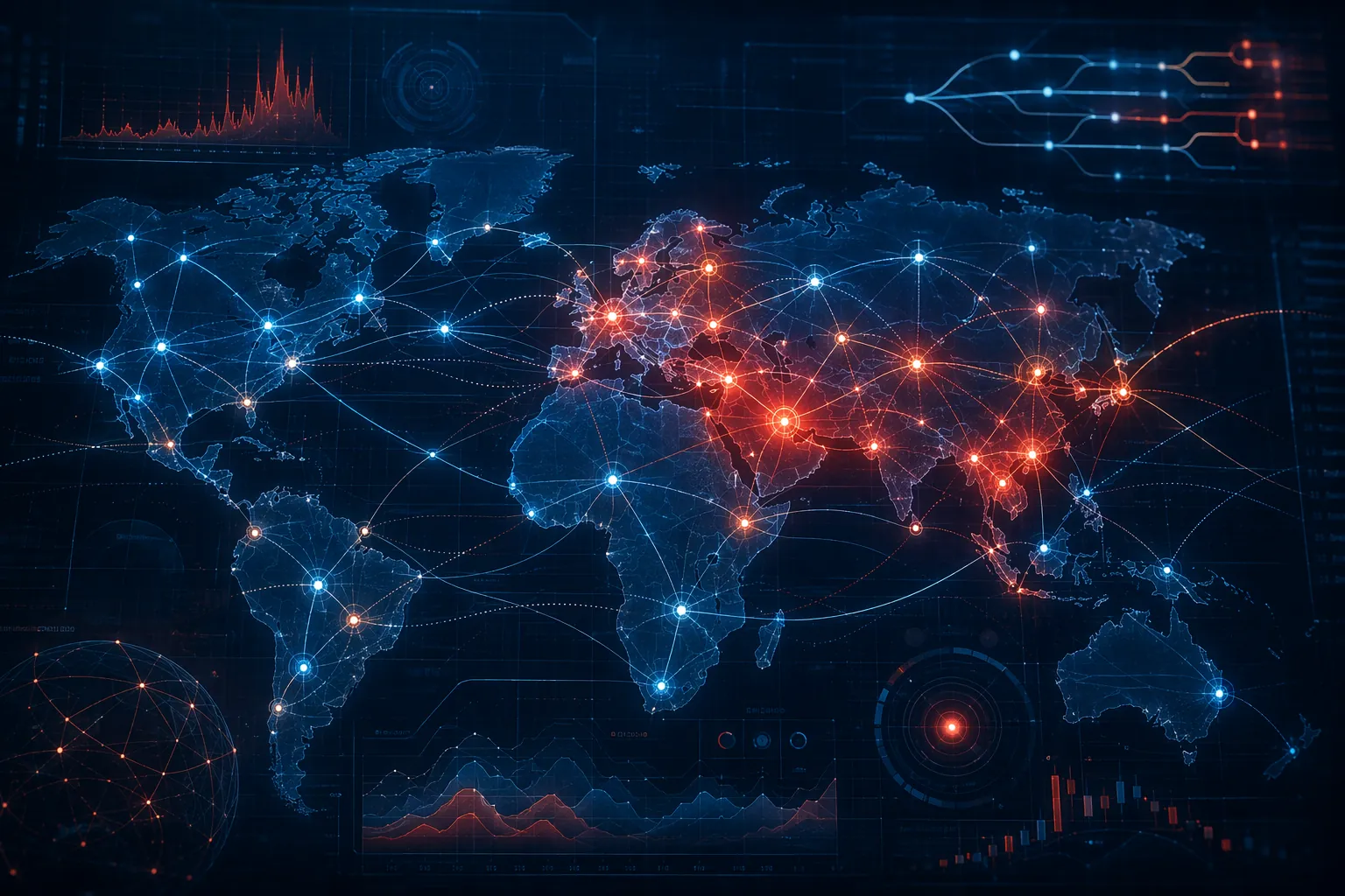 Global supply chain map with glowing crisis nodes and AI scenario-planning overlays