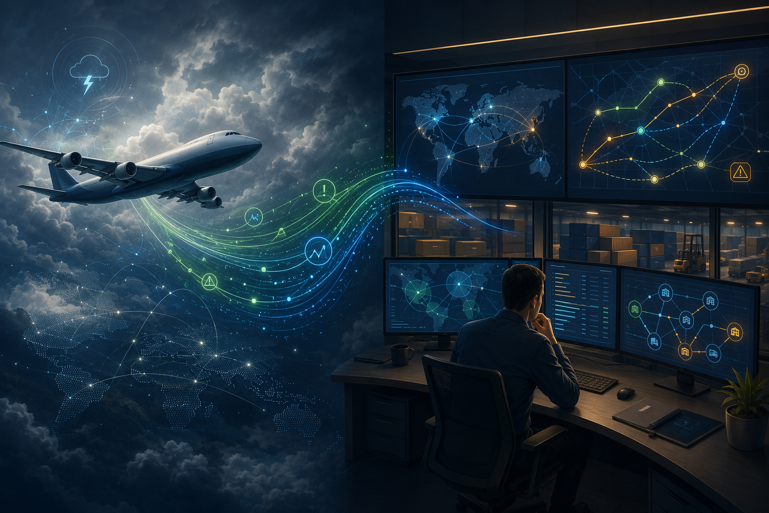 AI flight disruption signals flowing from a cargo aircraft to a logistics planning command center