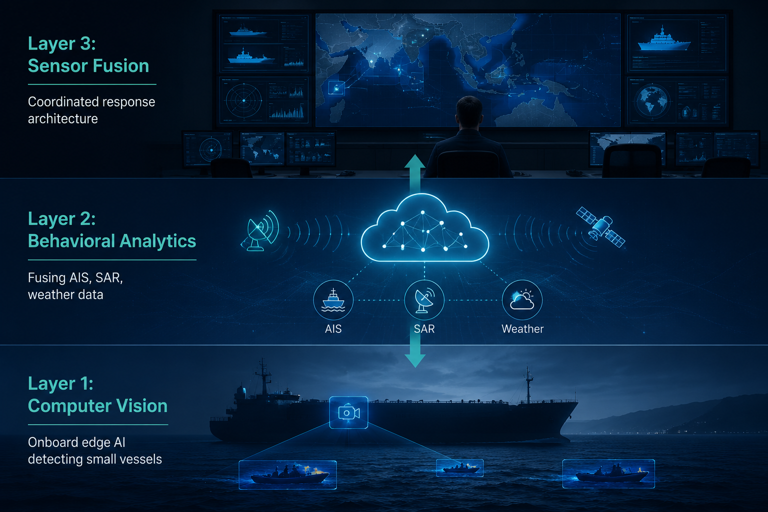 Diagram of three maritime security defense layers: computer vision, behavioral analytics, and sensor fusion