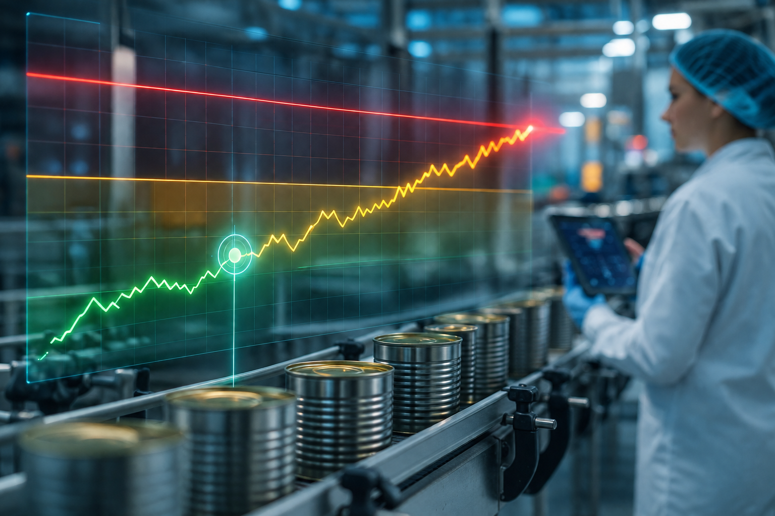 Canned goods on a production line with an early warning trend line approaching a breach threshold.