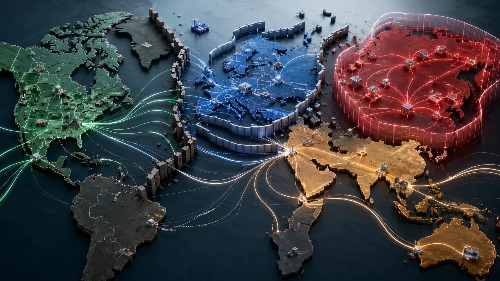 Global supply chain network map divided into four AI regulatory zones