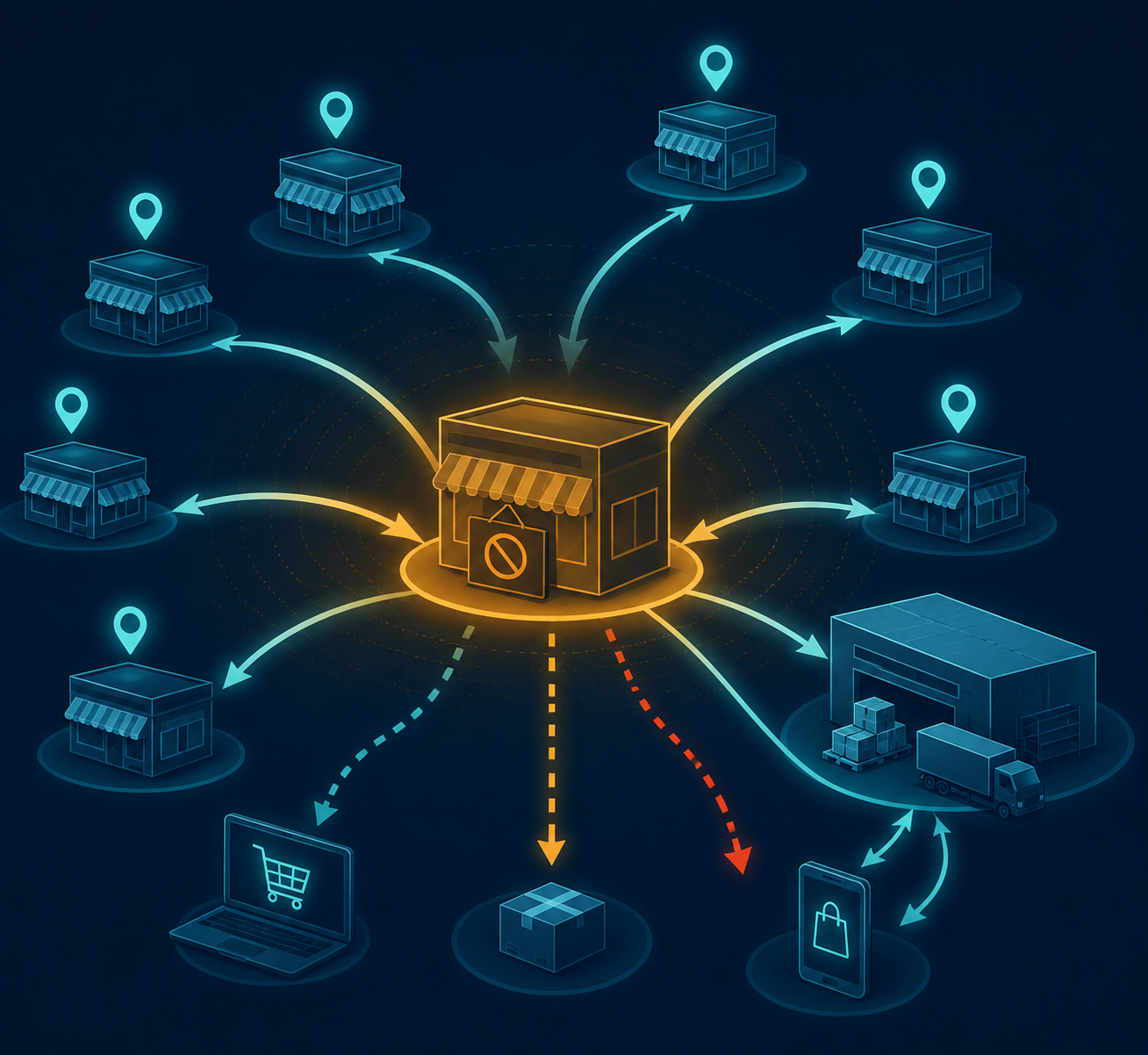 Retail store closure node connected to nearby stores, a distribution center, and online fulfillment routes