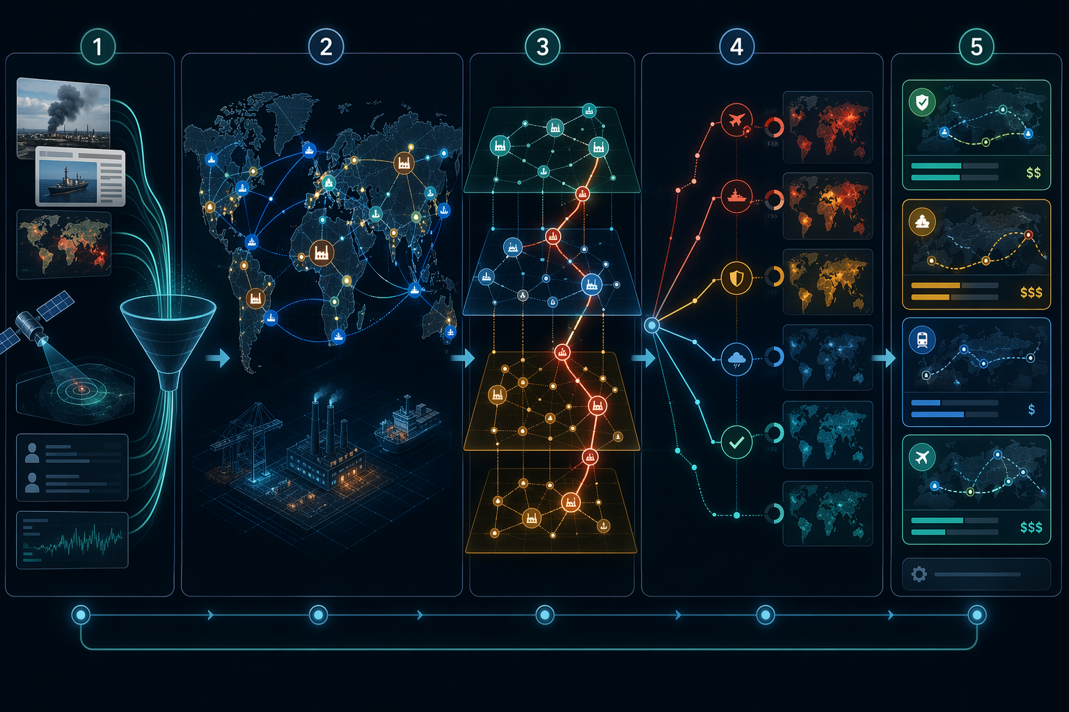 Workflow diagram showing geopolitical signals, digital twin modeling, exposure mapping, scenario simulation, and contingency playbooks