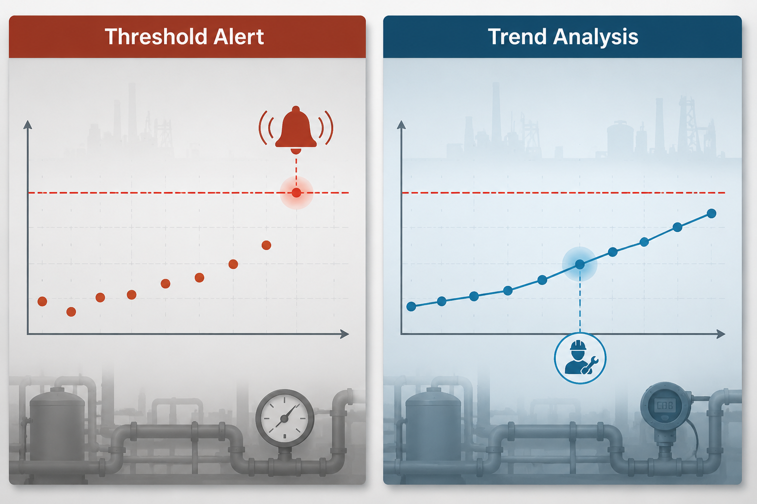 A side-by-side comparison of scattered threshold alerts and a connected trend line with an early warning point.