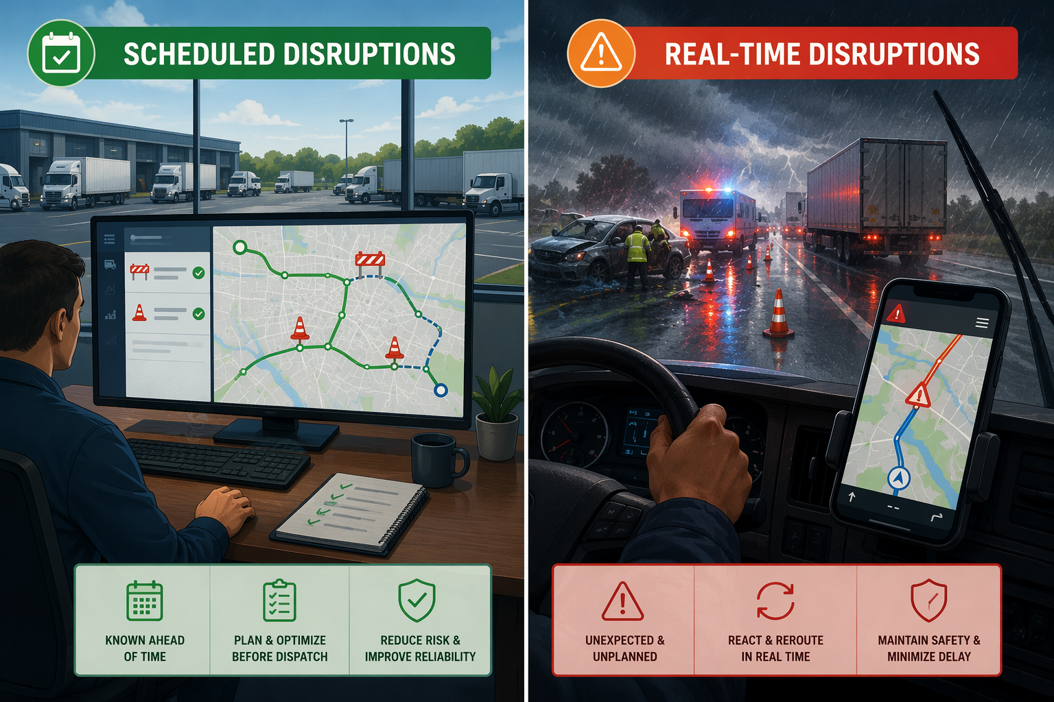 Comparison of planned road closure routing before dispatch and urgent reactive rerouting after an unplanned disruption