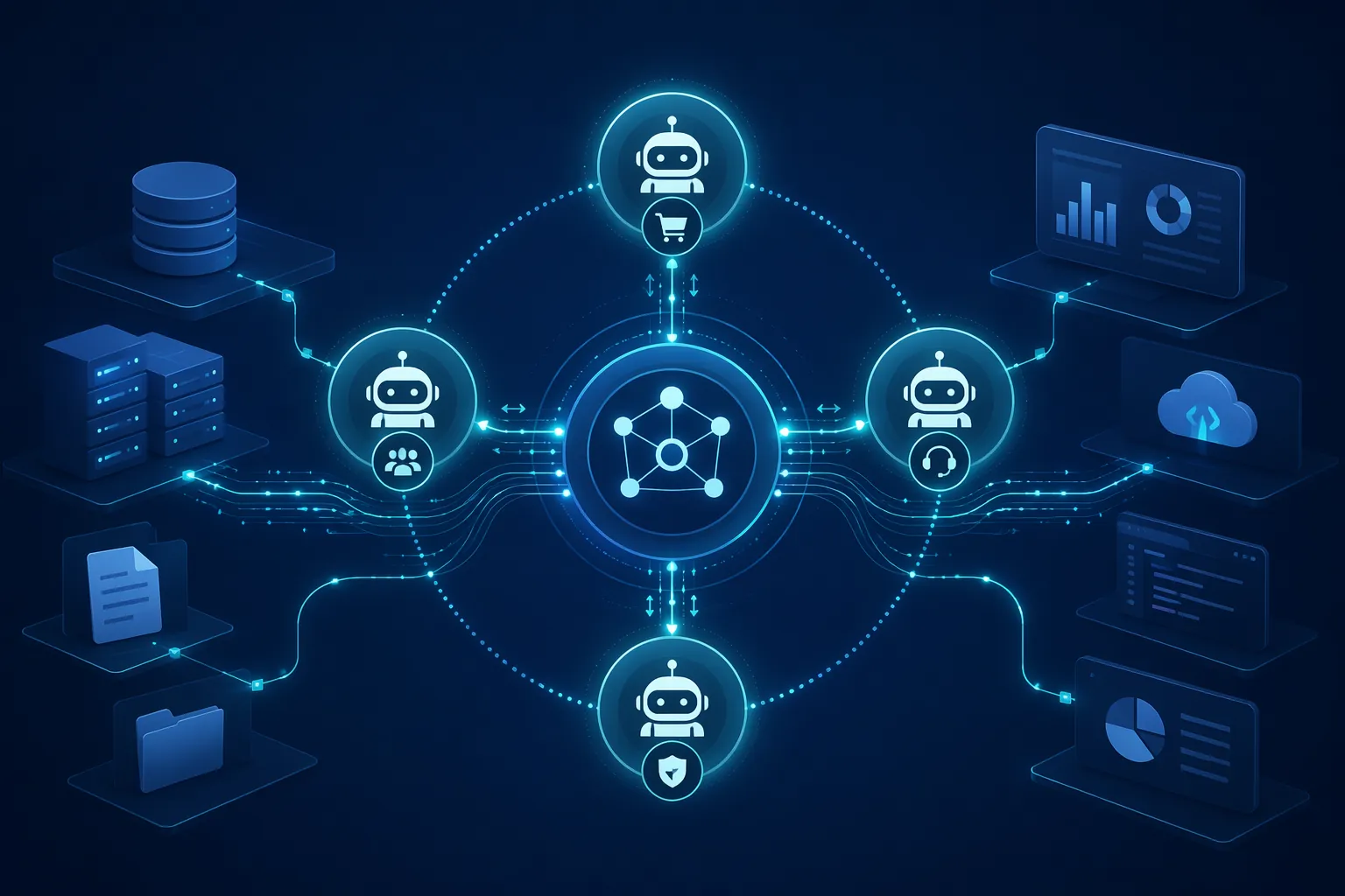 AI agent icons coordinated by a central orchestration hub across procurement, HR, IT support, and supplier risk systems