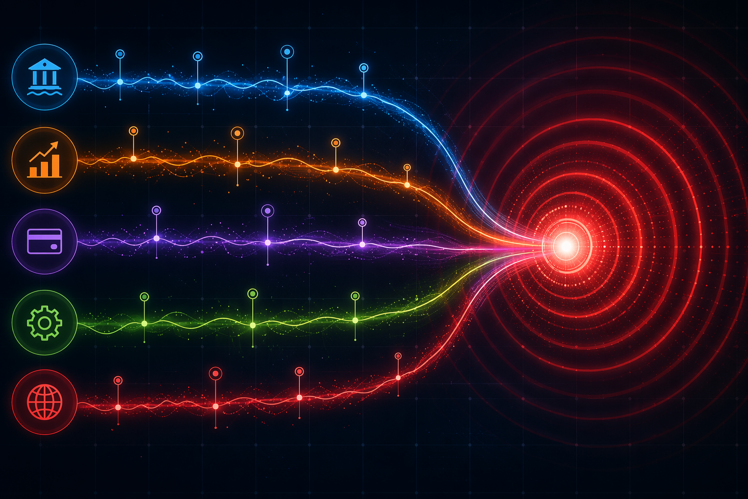 Five colored supplier risk signal streams converging into an escalation warning node