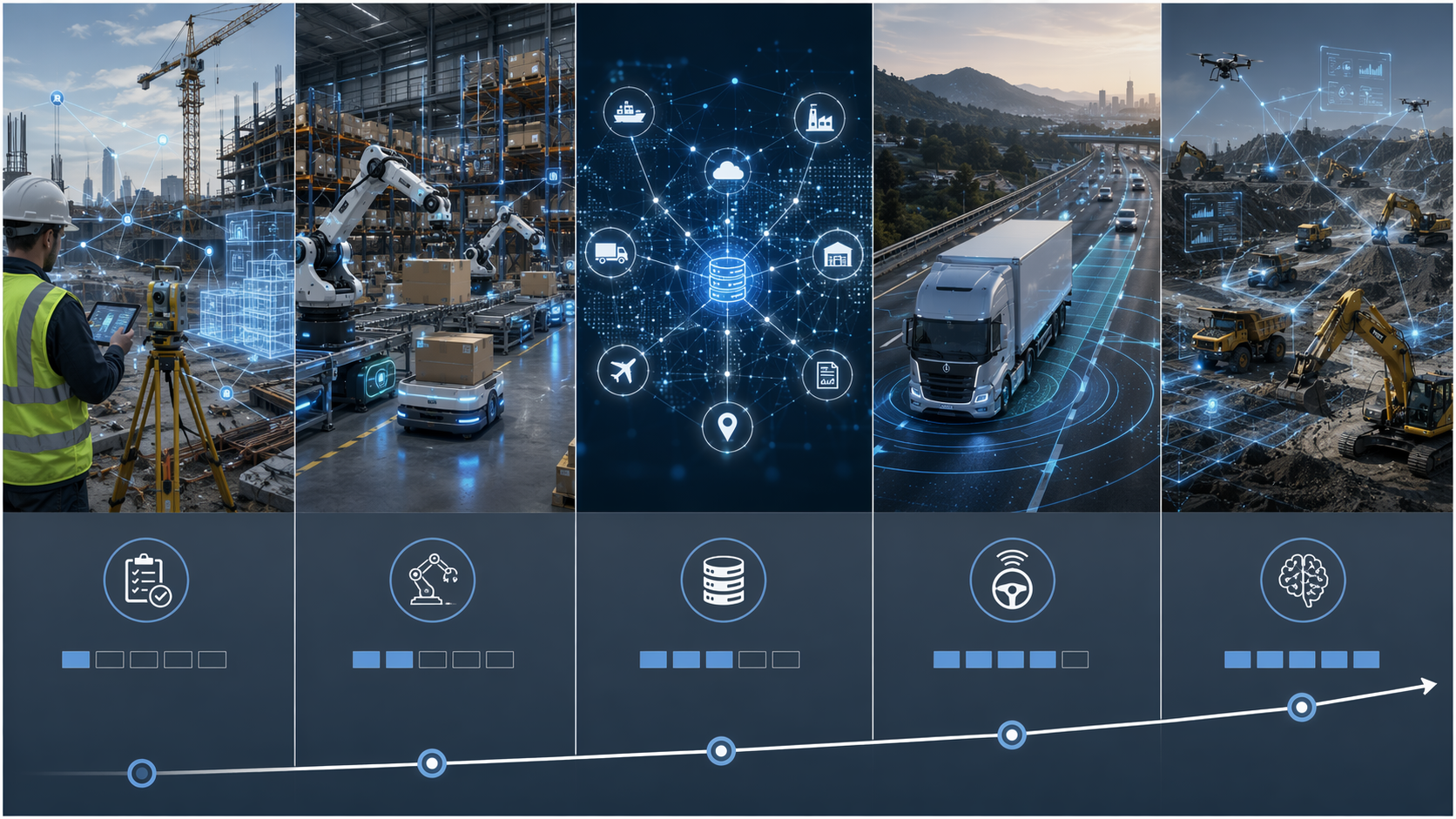Five supply chain AI use cases shown as connected construction, warehouse robotics, logistics data, autonomous trucking, and heavy equipment scenes