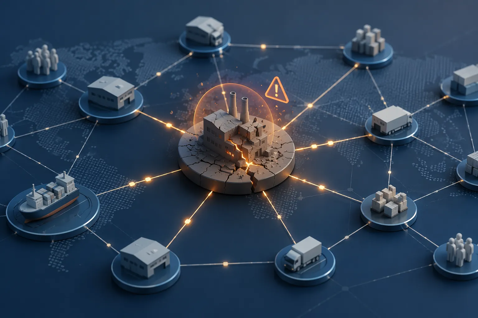 Abstract supply chain network with a highlighted unstable central node