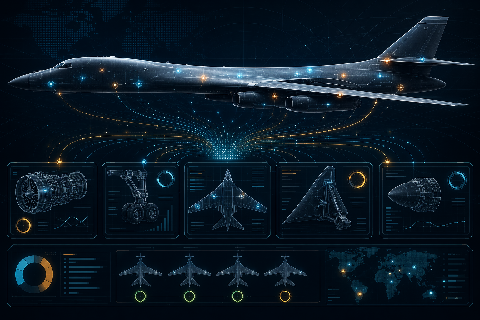 Military bomber aircraft silhouette with digital maintenance status indicators across the fuselage and engines