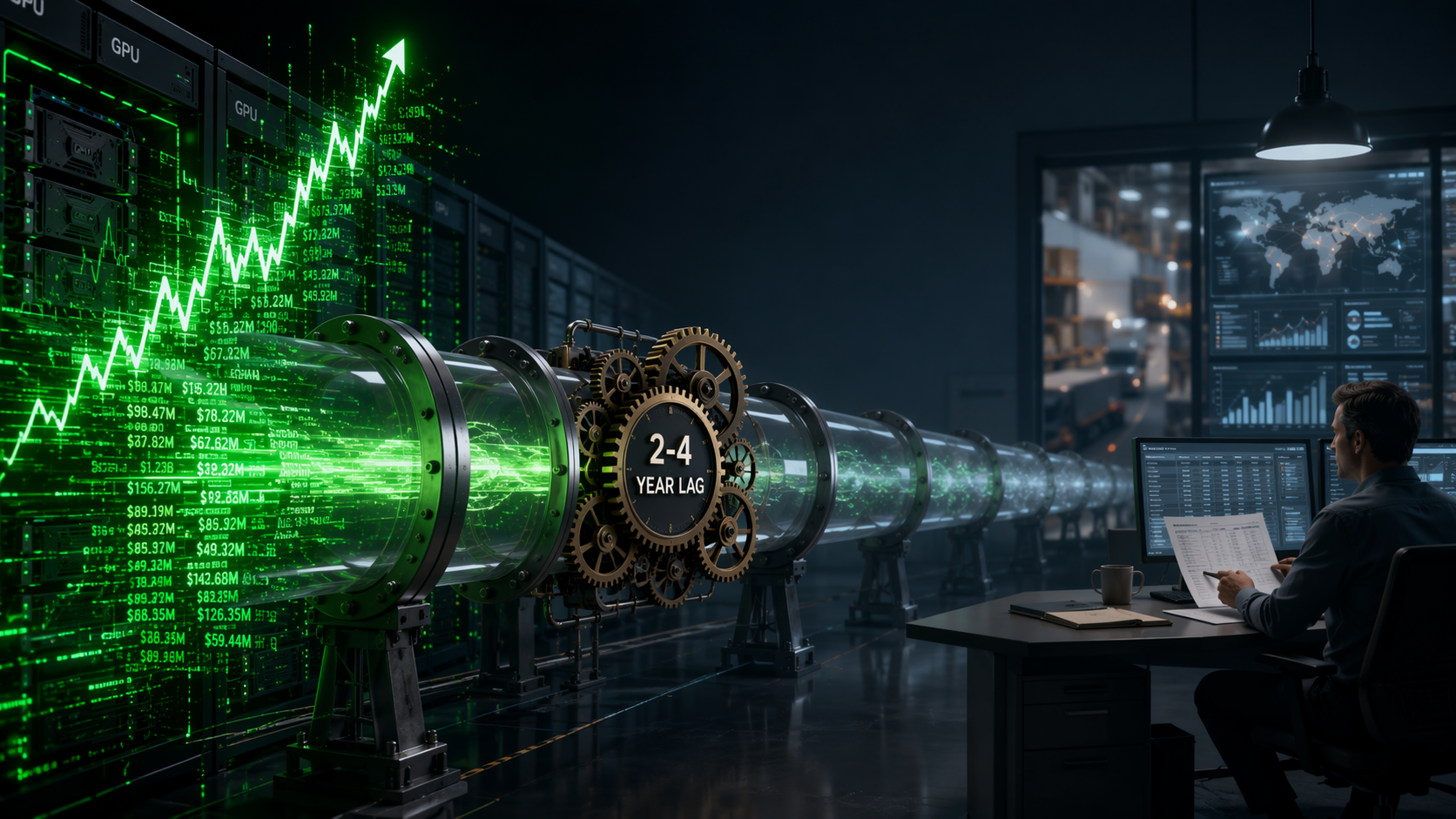 Financial signal from GPU server racks moving through a delayed pipeline toward a supply chain budget review