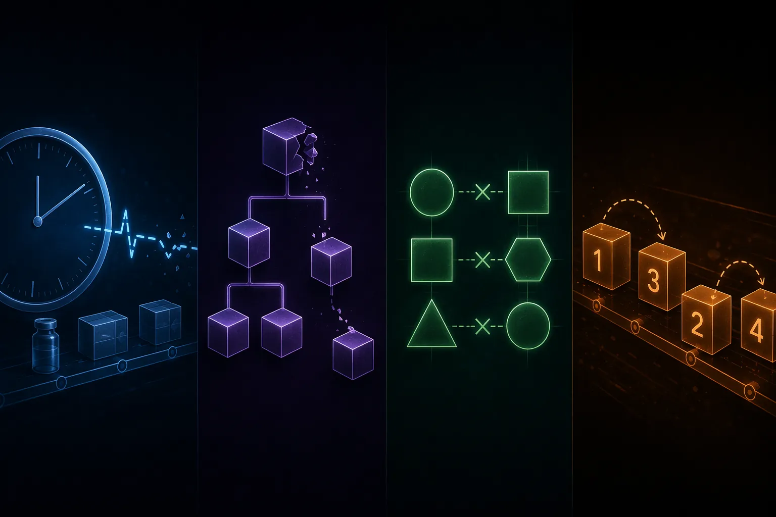 Four abstract panels showing timing failures, broken EPCIS hierarchy, master data mismatch, and event sequencing problems