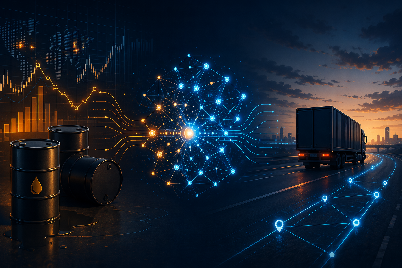 Fuel price charts, AI network nodes, and a cargo truck route connecting oil price data to logistics fleet operations