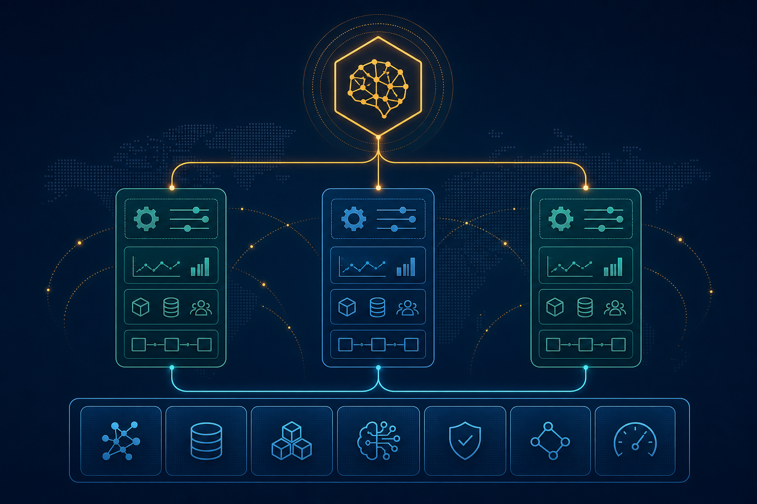 Editorial diagram showing three regional deployment columns with configurable upper layers converging onto a shared unified AI foundation layer at the base, illustrating standardized-but-configurable modular architecture.