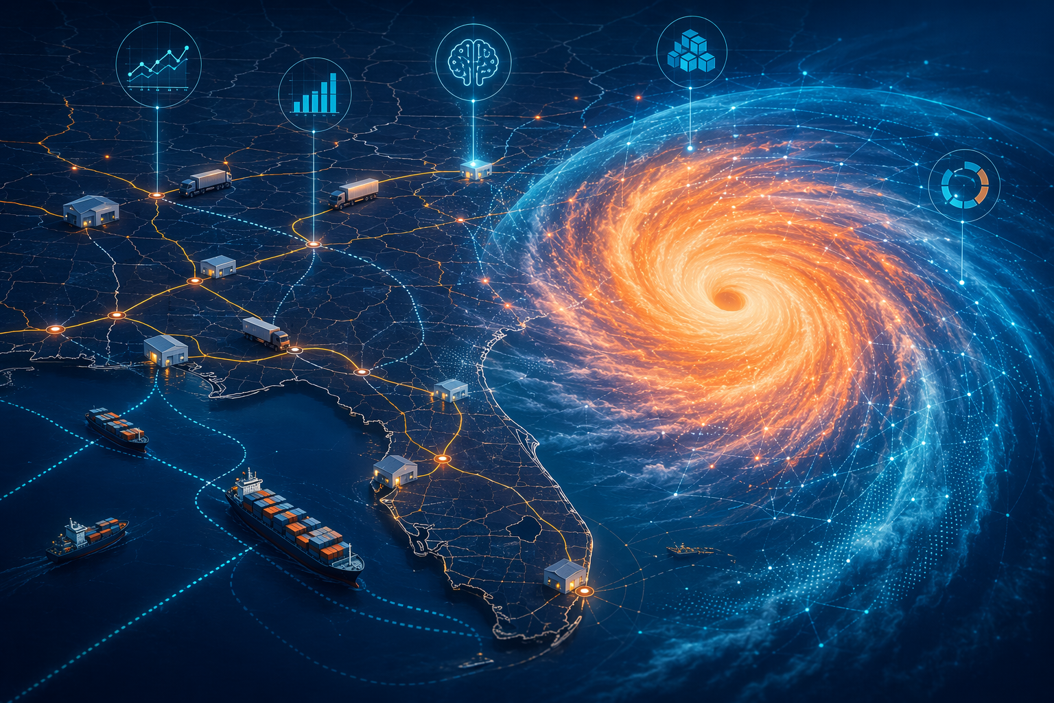 Coastal supply chain map with hurricane spiral, logistics lines, warehouses, and AI analytics markers