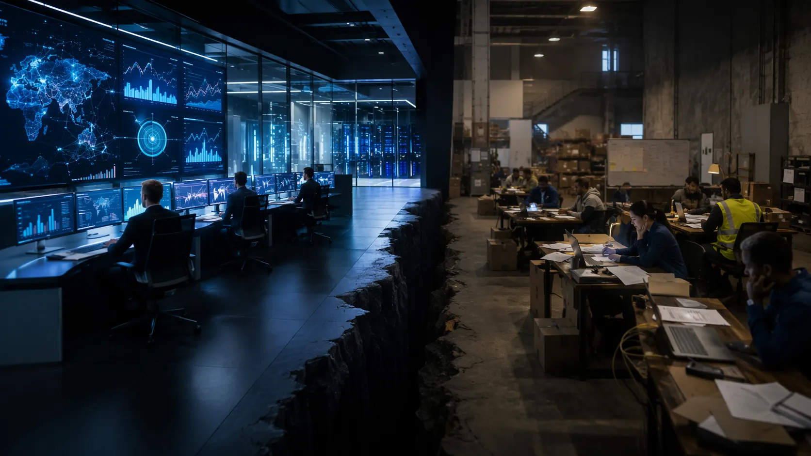 Supply chain control room divided between AI dashboards and an under-enabled workstation area