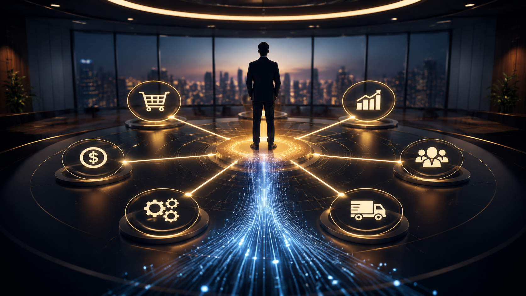 CEO at the center of an AI supply chain decision nexus across procurement, finance, operations, sales, and logistics
