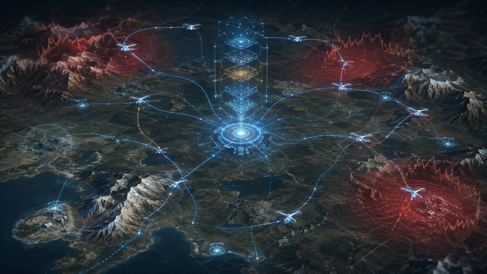 Contested terrain map with drone routes dynamically rerouting around threat zones and GNSS-denial interference