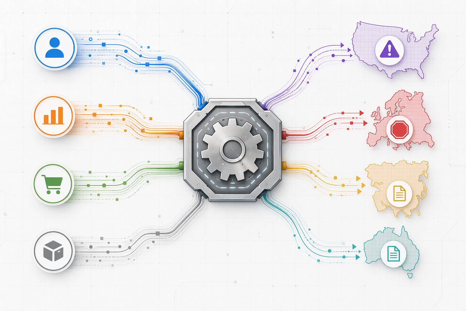 Data streams for personal data, competitor benchmarks, vendor feeds, and inventory signals converging into an algorithm node