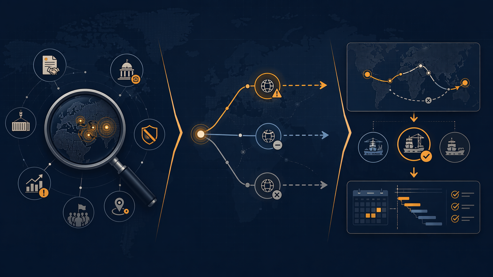 Three-panel Understand, Anticipate, and Adapt framework with geopolitical signals, scenario arrows, and rerouting decisions